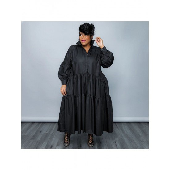 Casual Ruffle Black Plus Size Shirt Dress