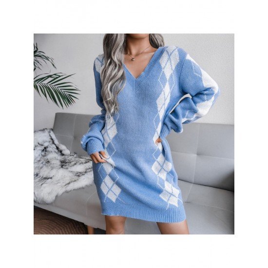 V Neck Rhombus Long Sleeve Sweater Dress