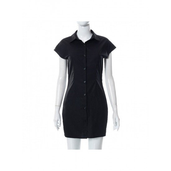 Summer Black Button Up Short Sleeve Dress