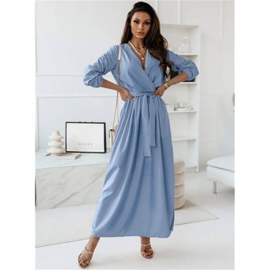  Temperament V Neck Pure Color Long Dress