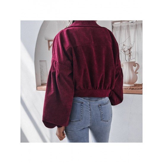  Lantern Sleeve Corduroy Pure Color Women Coats