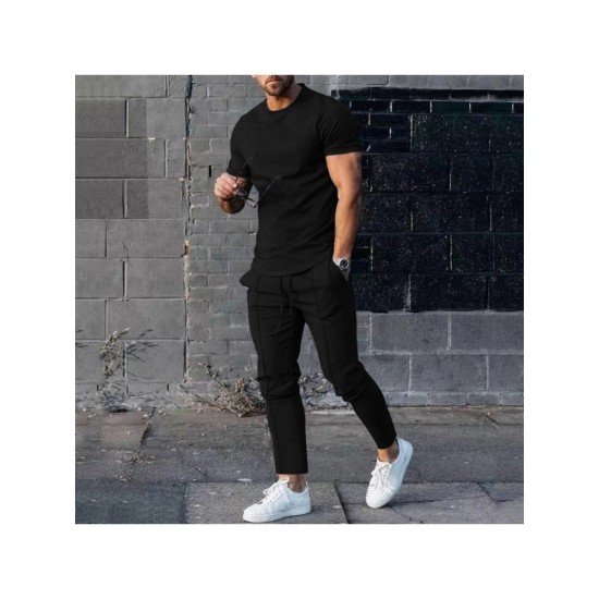  Men Solid Casual Short Sleeve Two Piece Pants Set