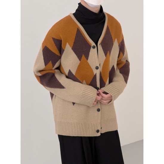  Rhombus Lattice Color Blocking Vintage Cardigan For Men