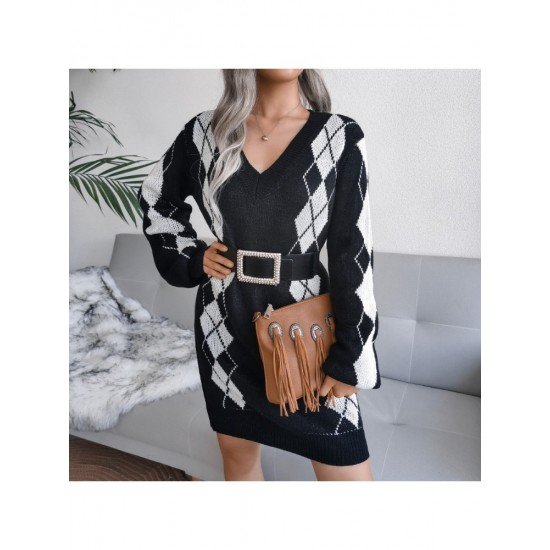 V Neck Rhombus Long Sleeve Sweater Dress