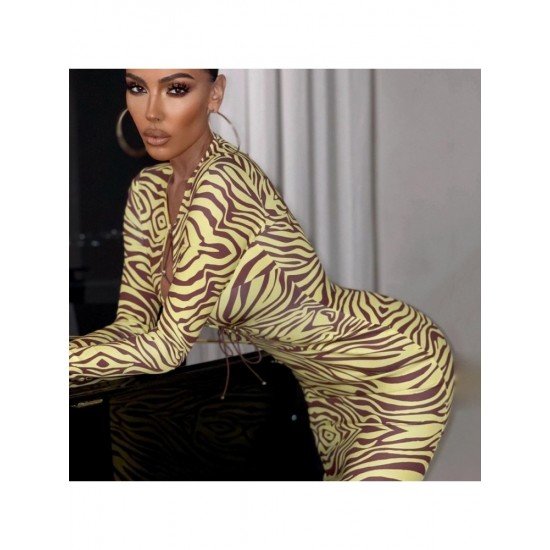 Tie Wrap Zebra Stripes Long Sleeve Midi Dresses 