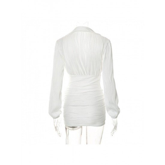 Fall Puff Sleeve White Ruched Mini Dresses