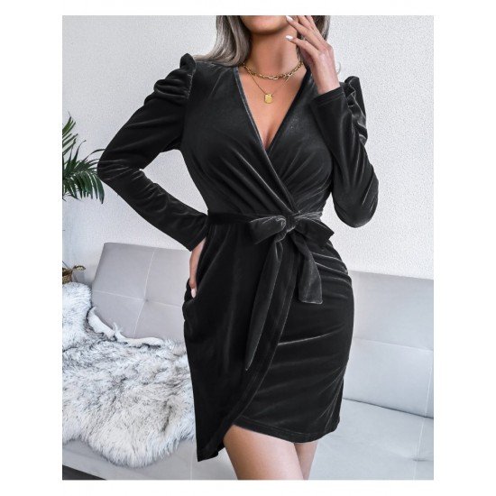  Sexy Velvet V Neck Bubble Sleeve Party Dress