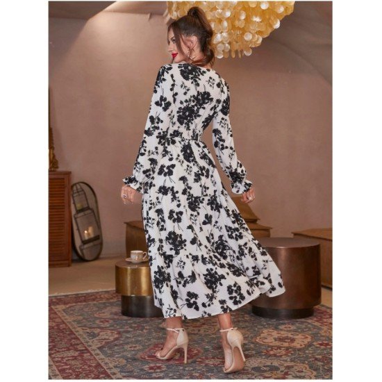 Printed V Neck Puff Sleeve Vacation Dress