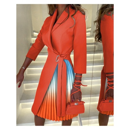  2022 Pleated Patchwork Women's Long Sleeve Dress