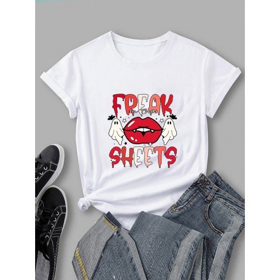 Ghost Halloween Lips Graphic White T Shirts