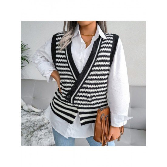 Striped V Neck Sleeveless Sweater Coats