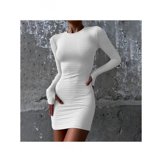  Sexy Round Neck Pure Color Long Sleeve Dress