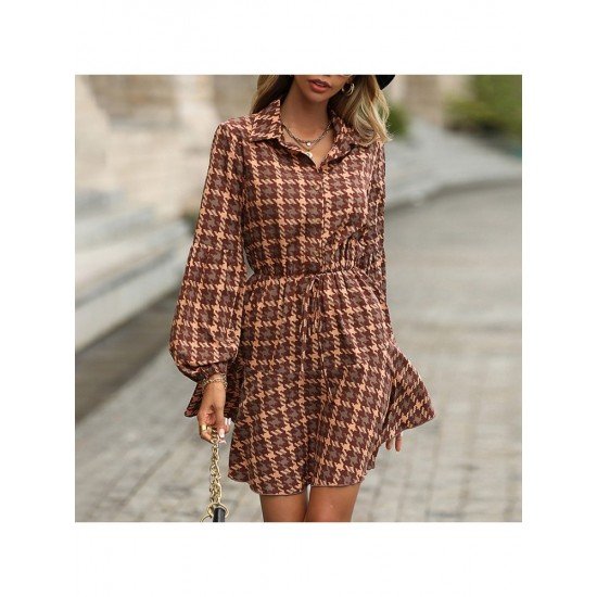 Houndstooth Patchwork Long Sleeve Fall Dress