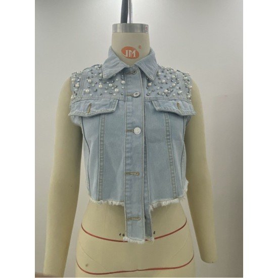 Faux-Pearls Rhinestone Sleeveless Denim Jackets For Women