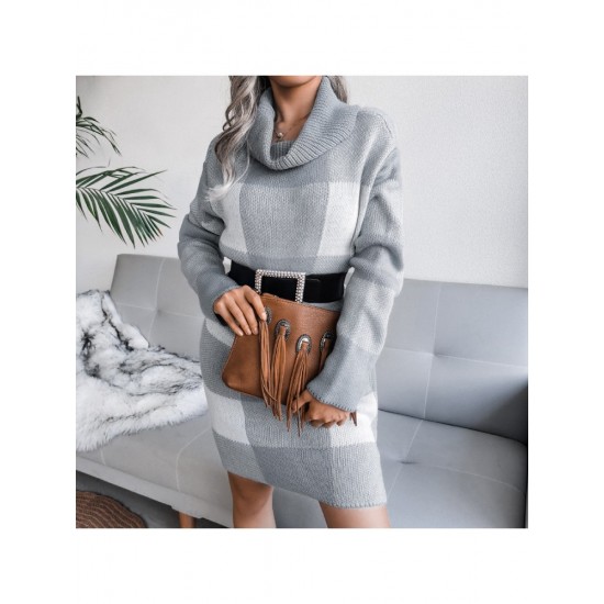  Casual Turtleneck Plaid Knitted Women's Dress