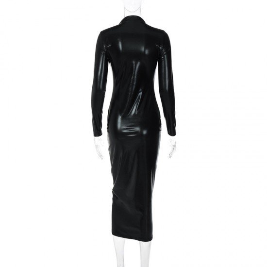 Latest Black PU Leather Long Sleeve Dresses