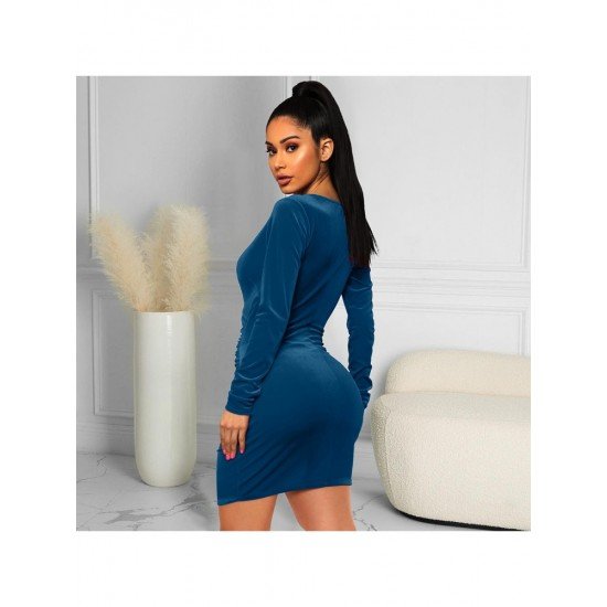 Fall V Neck Ruched Long Sleeve Short Dress