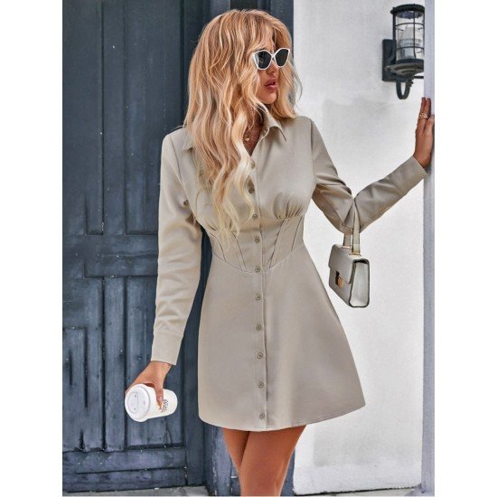 Street Solid Patchwork Long Sleeve Button Down Dress