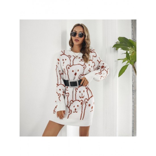  Casual Bear Jacquard Women's Long Sleeve Sweater Dress