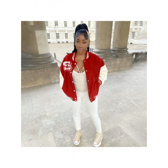 Casual Red Fall Baseball Coats For Women