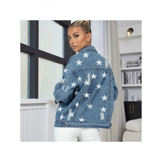 Star Pattern Blue Denim Jackets For Women