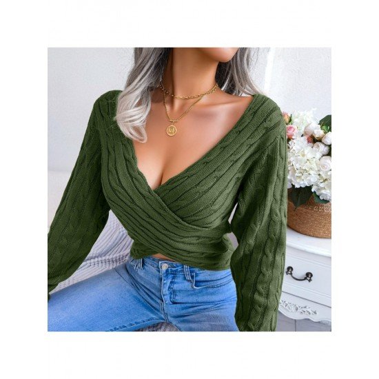 Sexy V Neck Solid Long Sleeve Cropped Sweaters