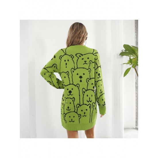  Casual Bear Jacquard Women's Long Sleeve Sweater Dress