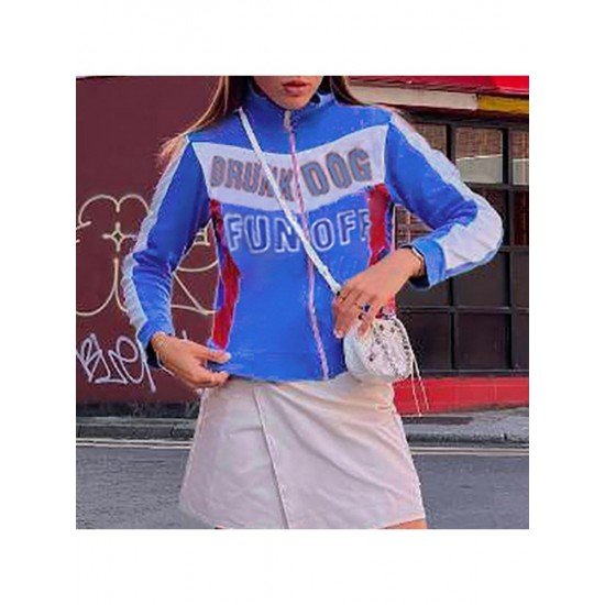 Sports Blue Contrast Color Ladies Fall Coats