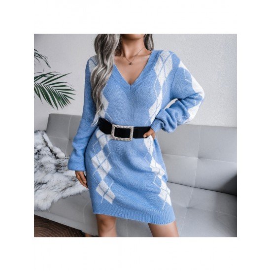 V Neck Rhombus Long Sleeve Sweater Dress