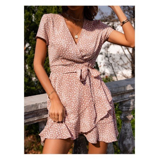 V Neck Summer Printed Ruffles Short Dresses