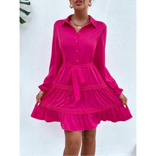 Simple Solid Ruffle Long Sleeve Shirt Dress