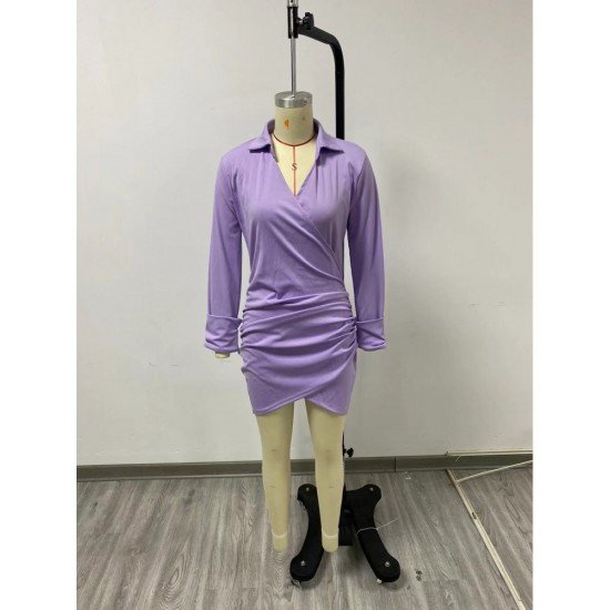  Pure Color V-Neck Casual Women's Short Dress