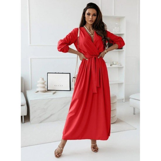  Temperament V Neck Pure Color Long Dress