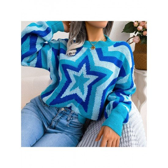 Contrast Color Star Pullover Sweaters For Women