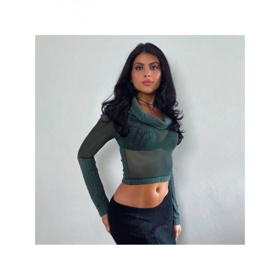  Autumn See Through Pure Color Crop Top