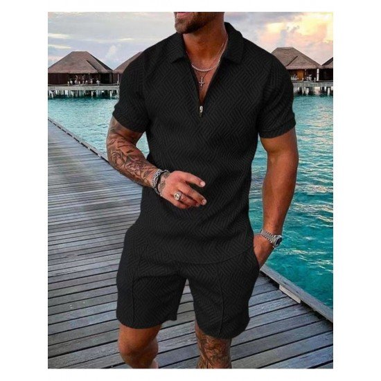  Men's Casual Pure Color Polo Shirt And Shorts Sets