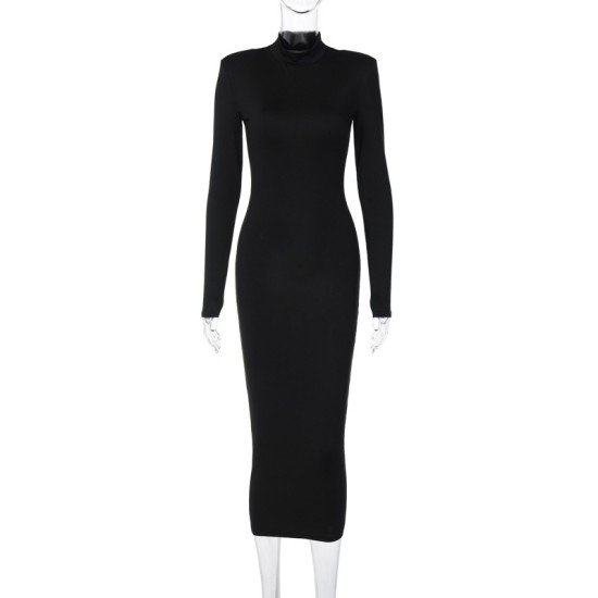 Mock Neck Long Sleeve Black Midi Dress