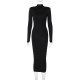 Mock Neck Long Sleeve Black Midi Dress