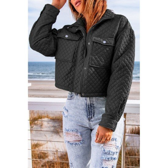 Rhombus Lattice Pockets Black Jacket Coats