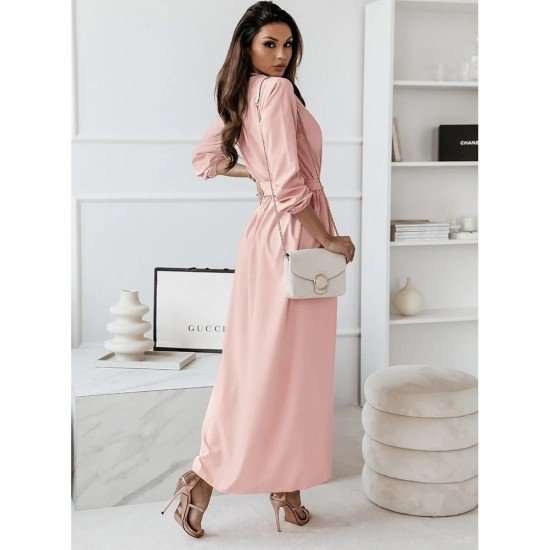  Temperament V Neck Pure Color Long Dress