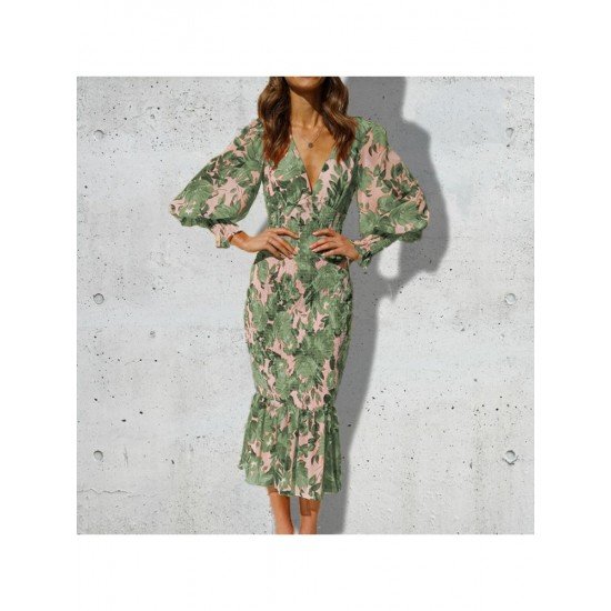  Vacation V-Neck Floral Fishtail Midi Dress