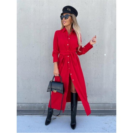  Pure Color Split Long Sleeve Dress