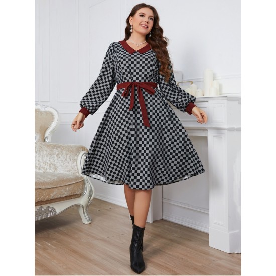  Fashion Plaid Long Sleeve Dress For Women