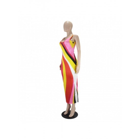 Color Blocking Low Cut Sleeveless Maxi Dresses