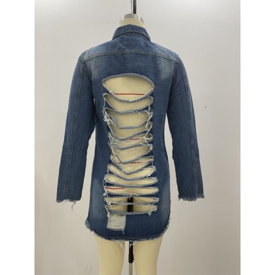  Fashion Denim Ripped Mid-Length Women's Coat