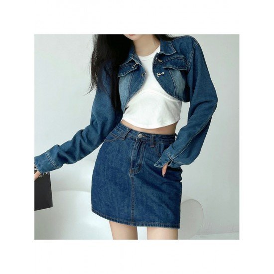 Designer Blue Cropped Denim Jacket Coats