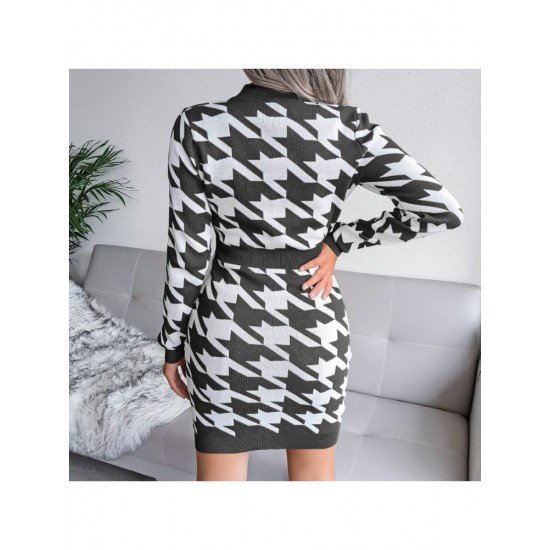 Houndstooth V Neck Long Sleeve Sweater Dress