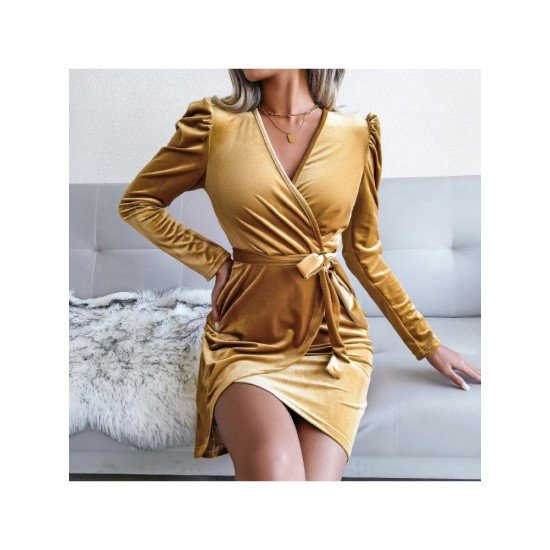  Sexy Velvet V Neck Bubble Sleeve Party Dress