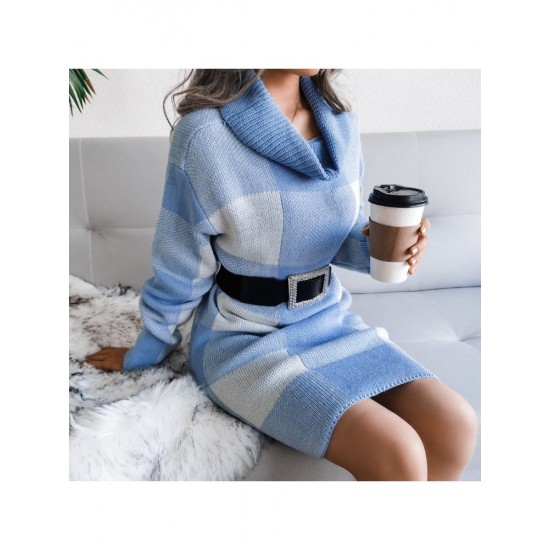  Casual Turtleneck Plaid Knitted Women's Dress