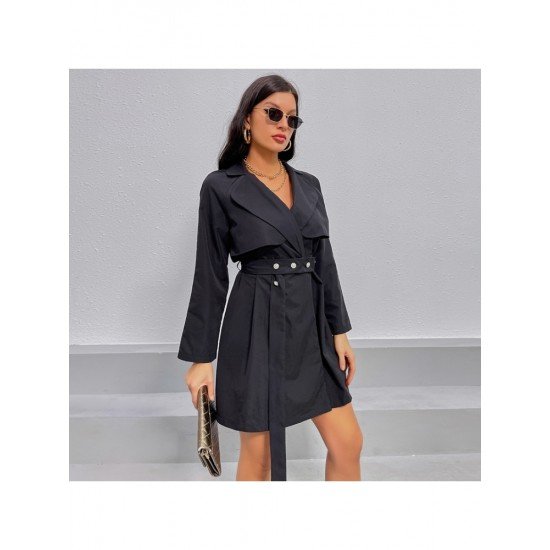 Women Black Long Sleeve Knee Length Jacket Coats